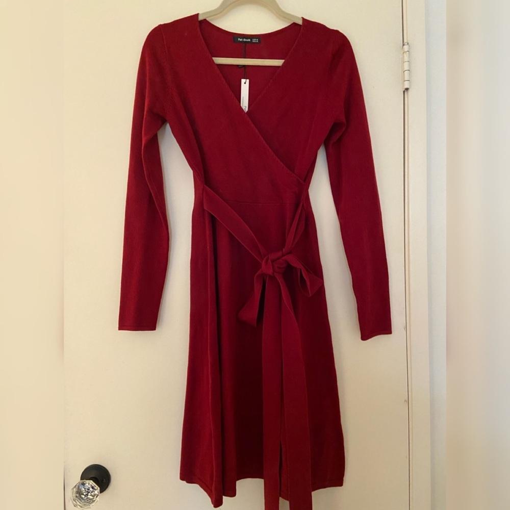 Maroon Mock Wrap Long-Sleeve sweater Dress